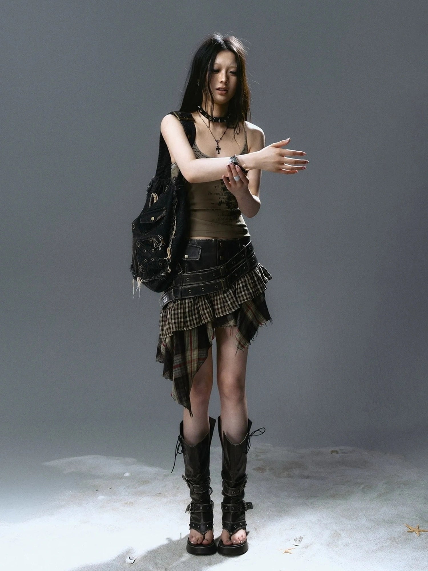 Chinese Clothing Cest Nous Update Distressed Leather Punk Plaid Skirt