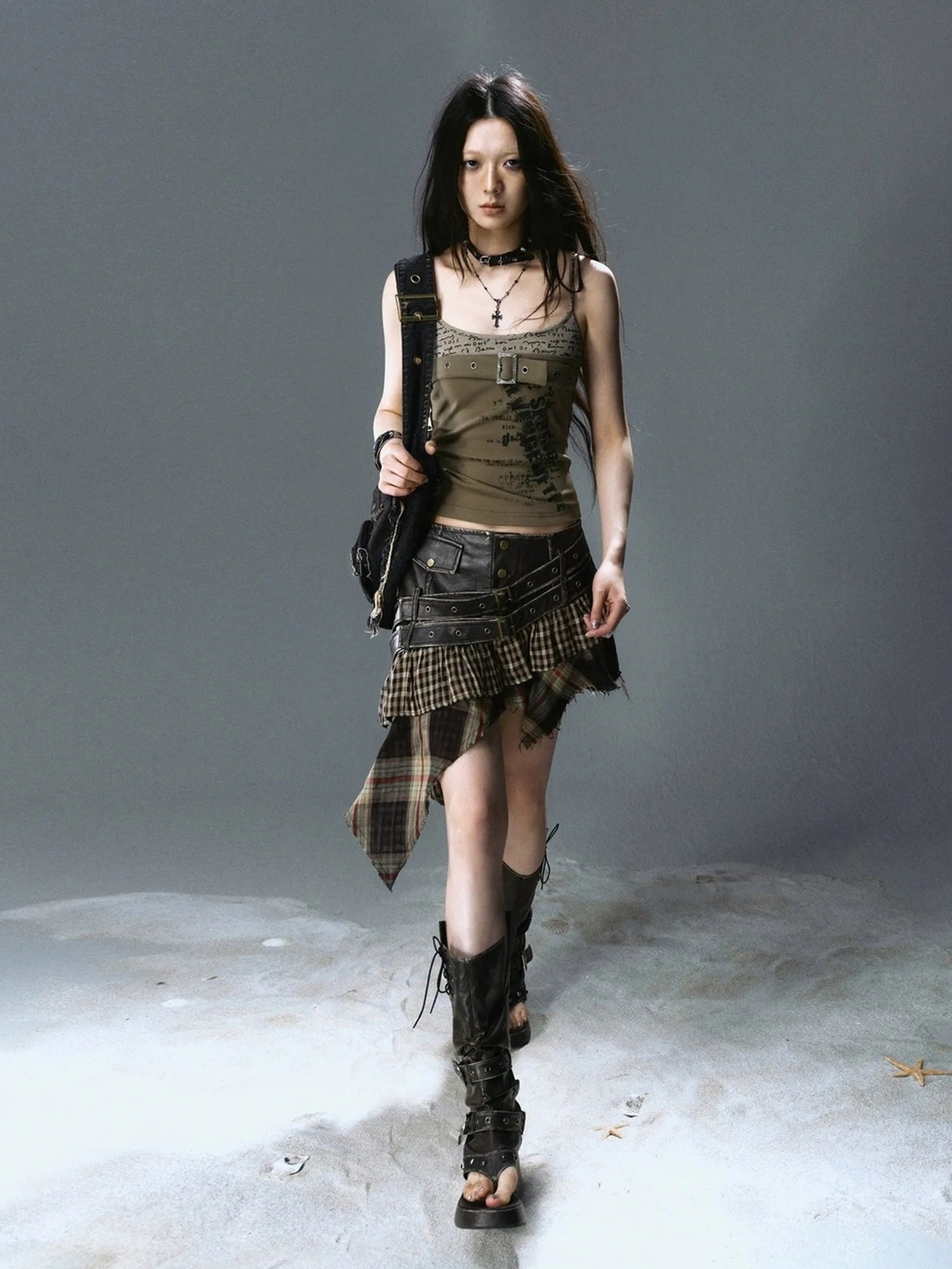 Chinese Clothing Cest Nous Update Distressed Leather Punk Plaid Skirt