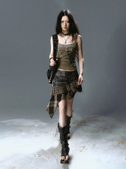 Chinese Clothing Cest Nous Update Distressed Leather Punk Plaid Skirt