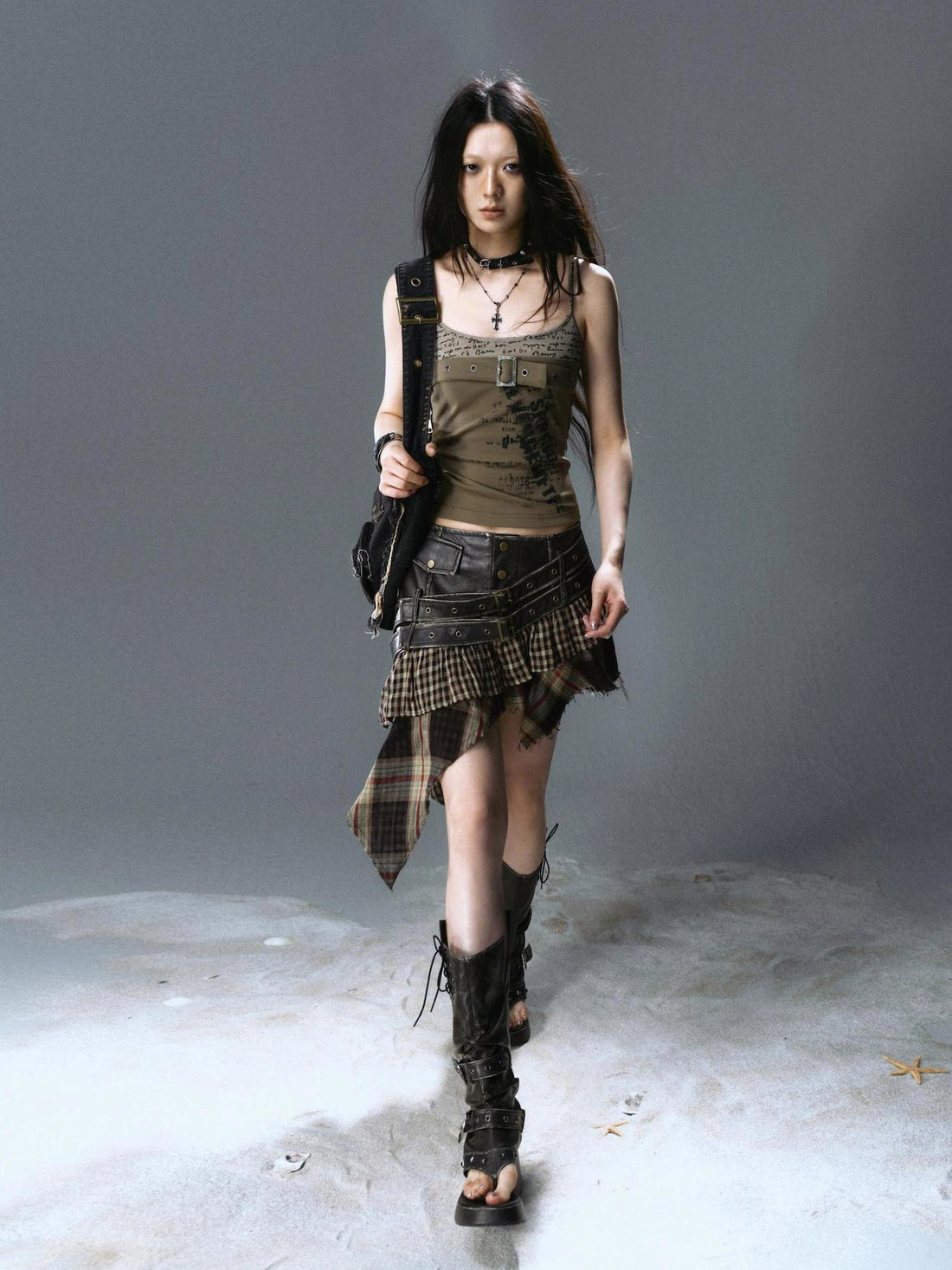 Chinese Clothing Cest Nous Update Distressed Leather Punk Plaid Skirt