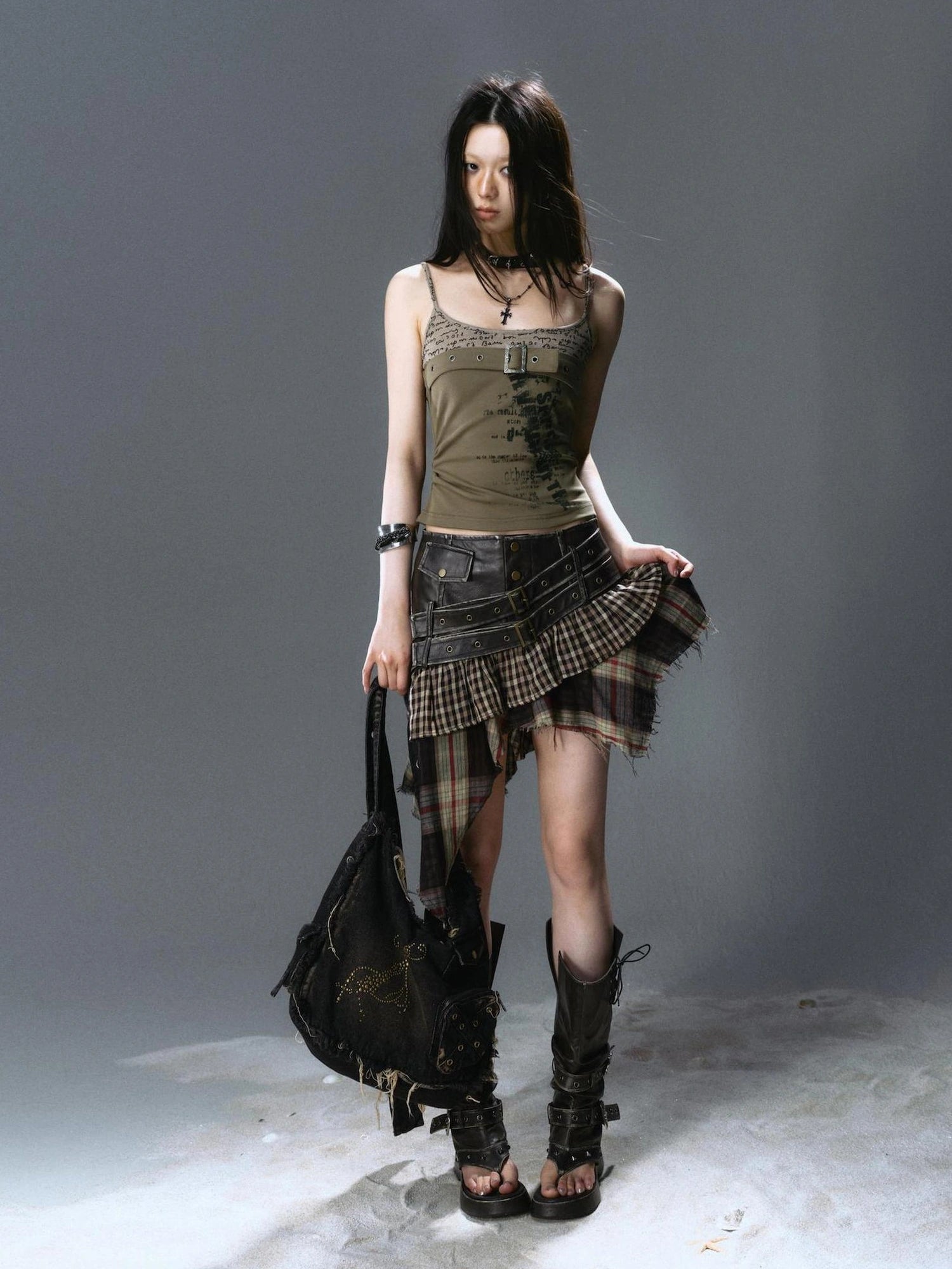 Chinese Clothing Cest Nous Update Distressed Leather Punk Plaid Skirt