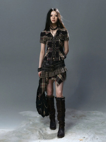 Chinese Clothing Cest Nous Update Distressed Leather Punk Plaid Skirt