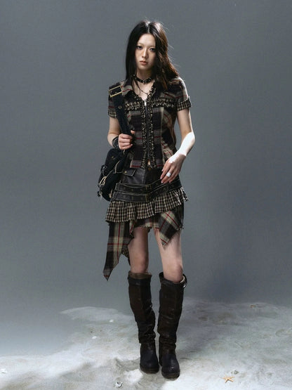 Chinese Clothing Cest Nous Update Distressed Leather Punk Plaid Skirt