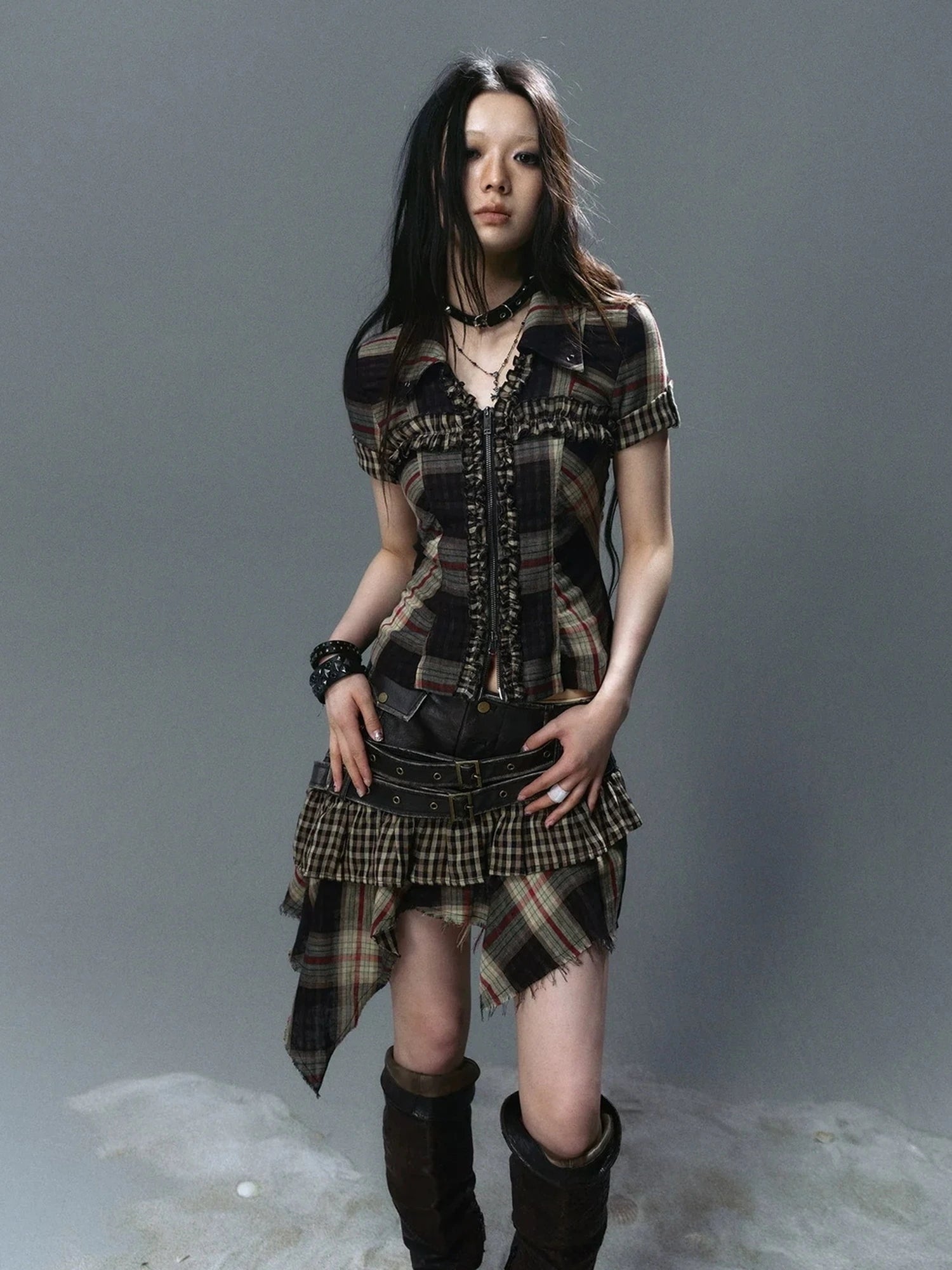 Chinese Clothing Cest Nous Update Distressed Leather Punk Plaid Skirt