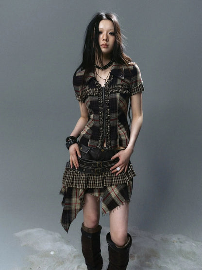 Chinese Clothing Cest Nous Update Distressed Leather Punk Plaid Skirt