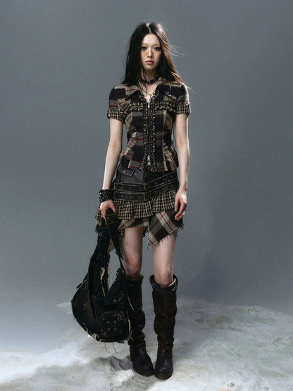 Chinese Clothing Cest Nous Update Distressed Leather Punk Plaid Skirt