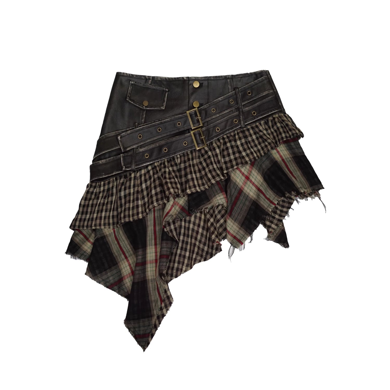 Chinese Clothing Cest Nous Update Distressed Leather Punk Plaid Skirt MISSTT