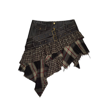 Chinese Clothing Cest Nous Update Distressed Leather Punk Plaid Skirt MISSTT
