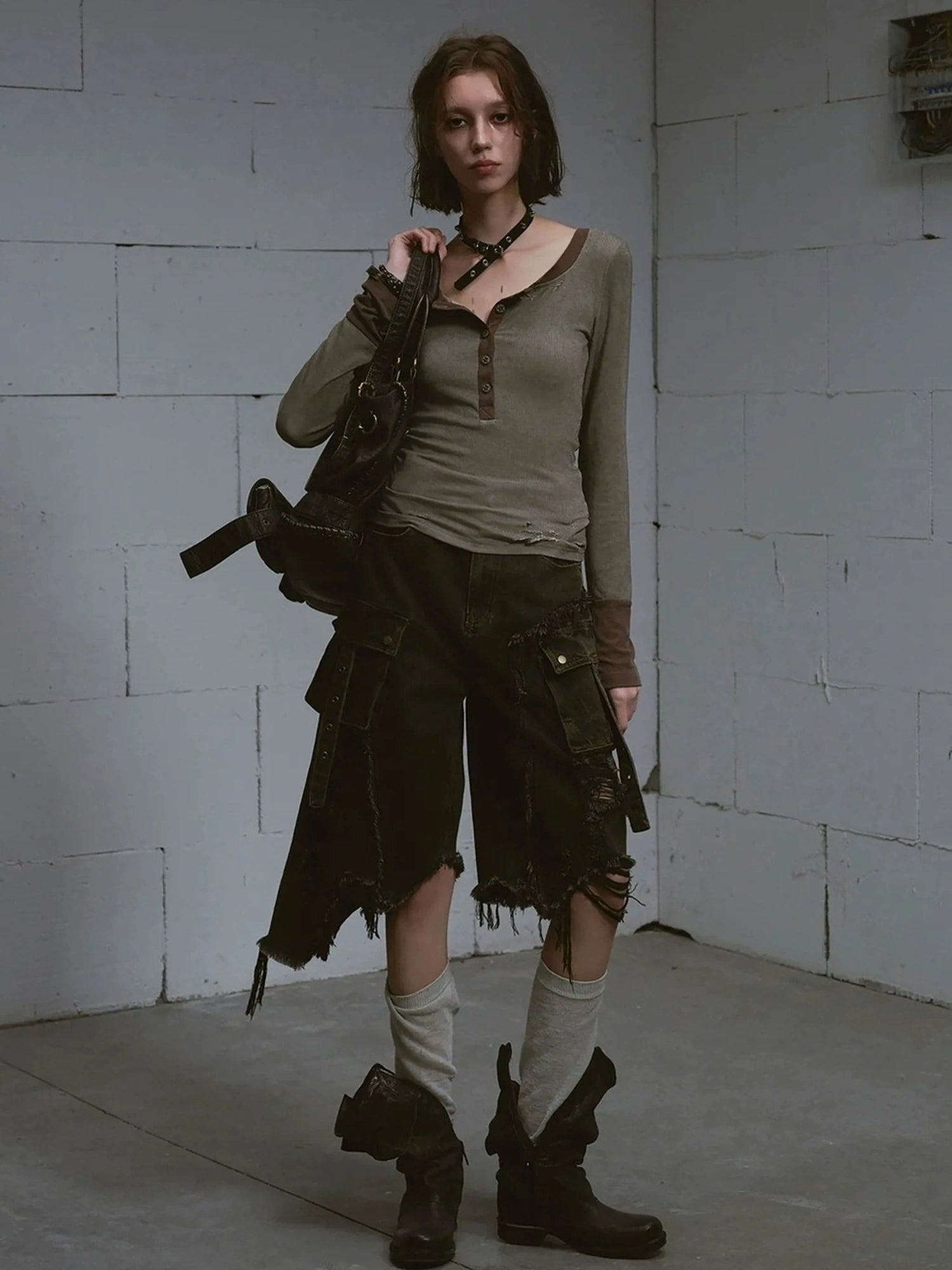 Chinese Clothing Cest Nous Update Distressed Mud Dyed Grunge Cropped Jeans