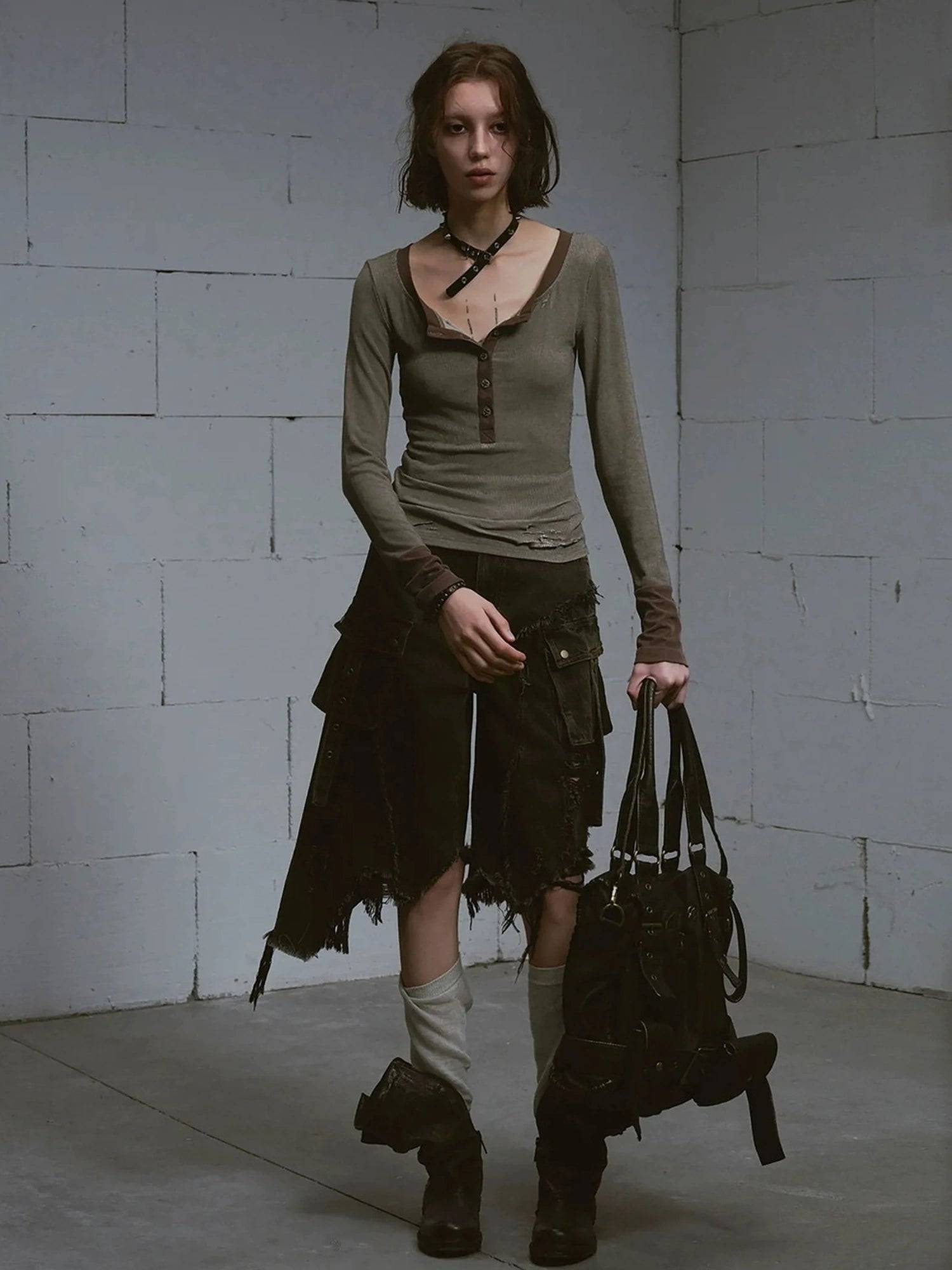 Chinese Clothing Cest Nous Update Distressed Mud Dyed Grunge Cropped Jeans