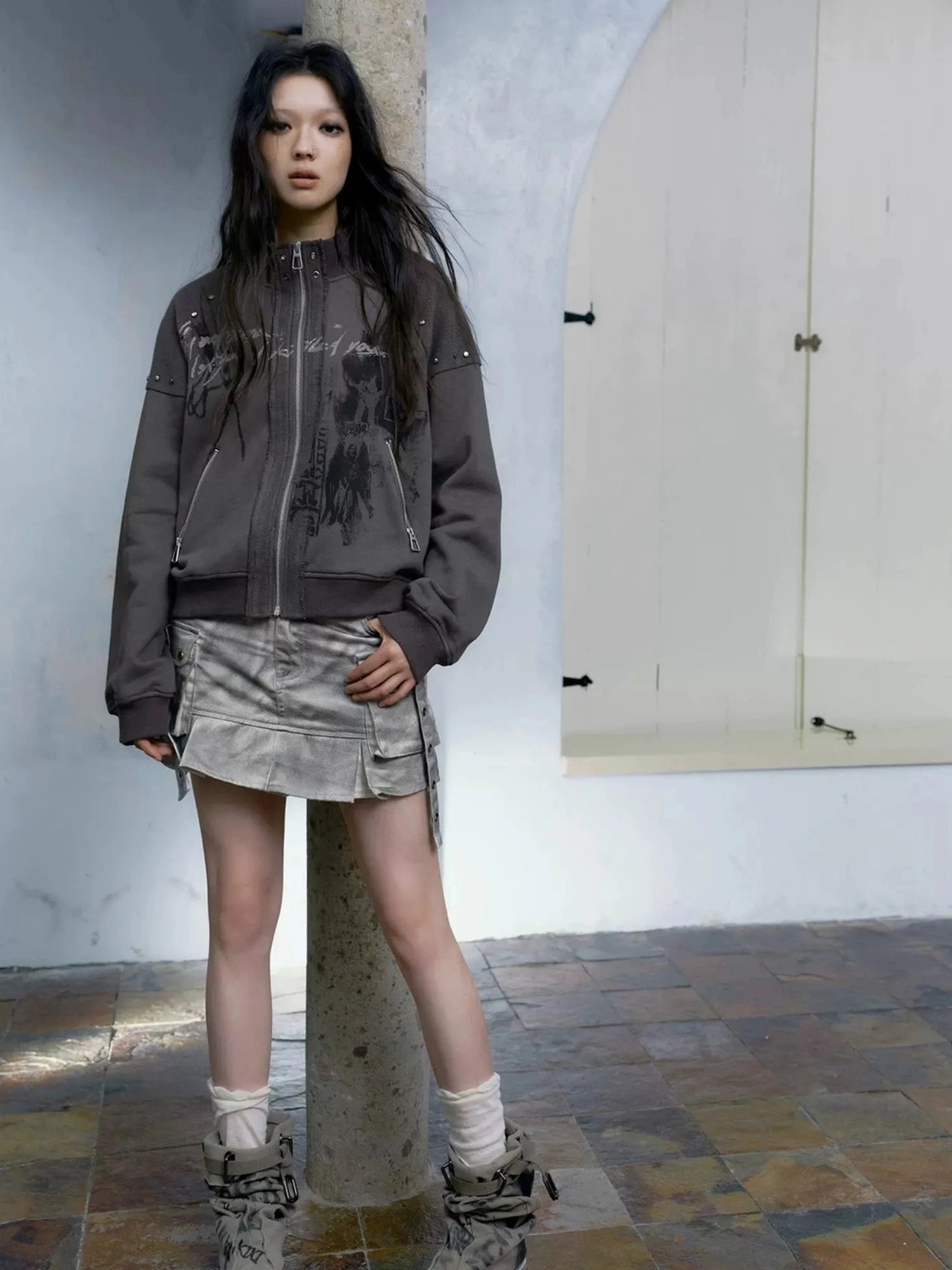 Chinese Clothing Cest Nous Update Distressed Washed Utility Pleated Skirt