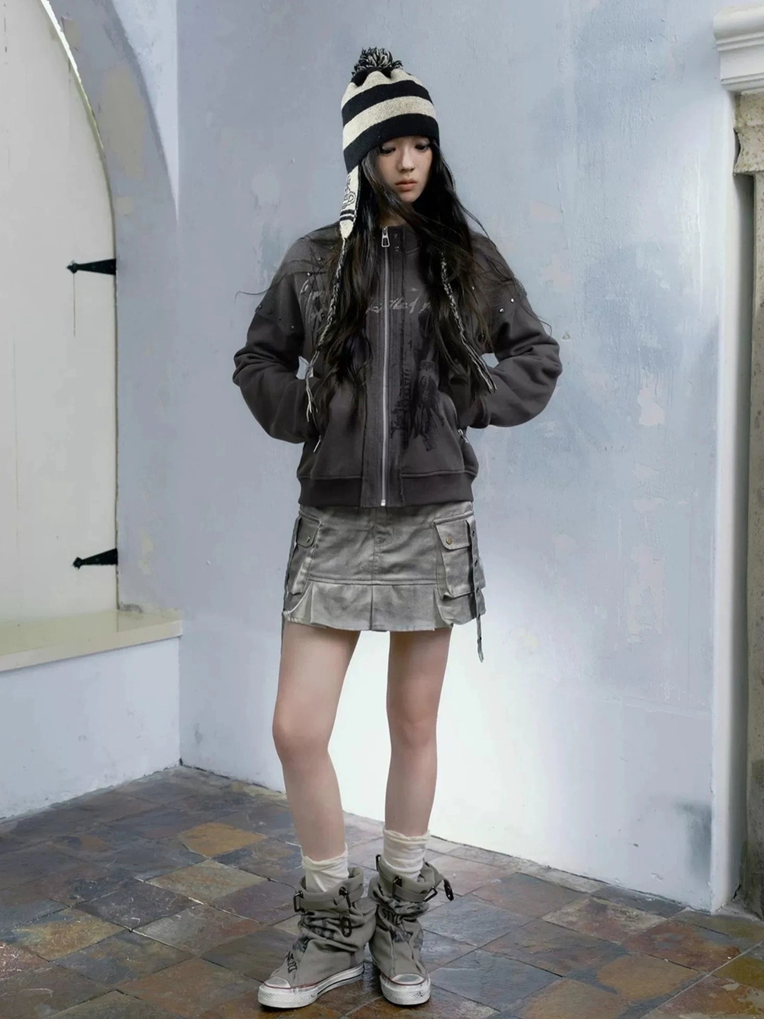 Chinese Clothing Cest Nous Update Distressed Washed Utility Pleated Skirt