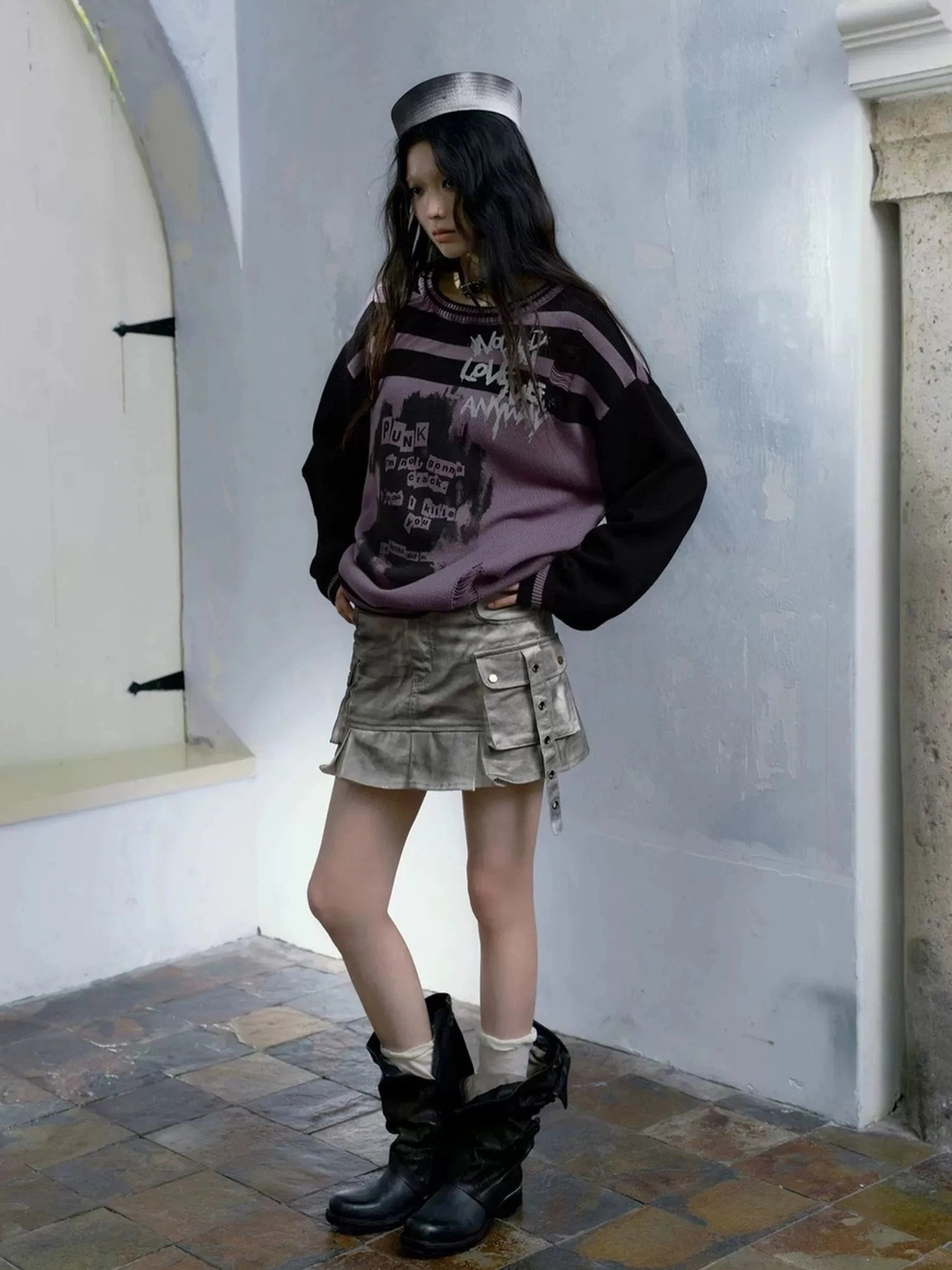 Chinese Clothing Cest Nous Update Distressed Washed Utility Pleated Skirt
