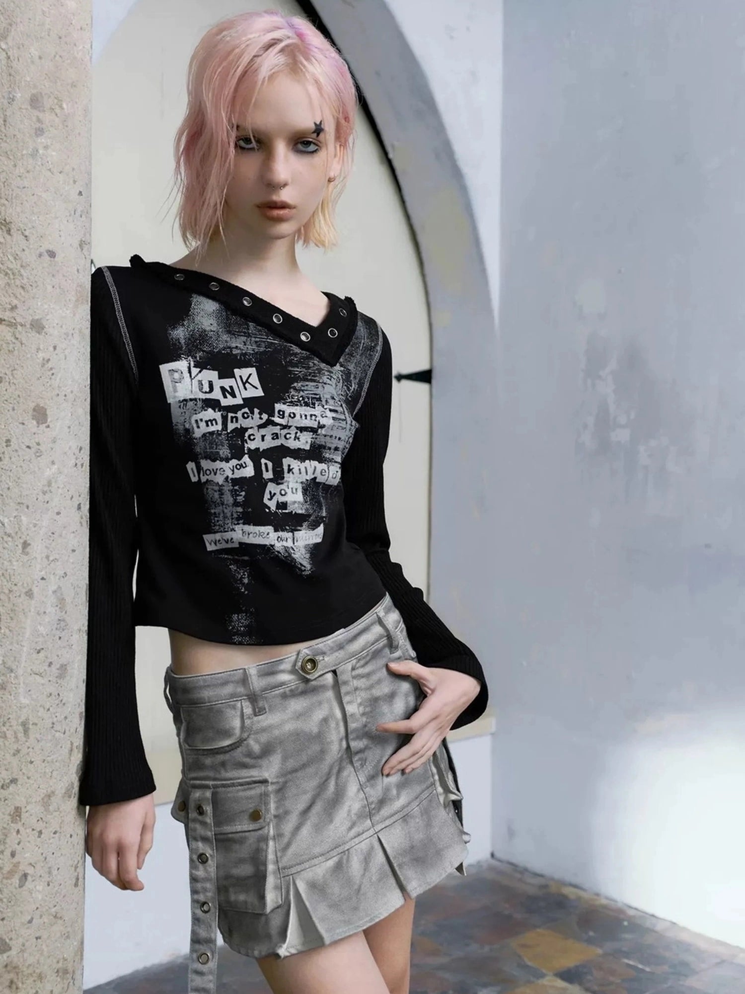 Chinese Clothing Cest Nous Update Distressed Washed Utility Pleated Skirt