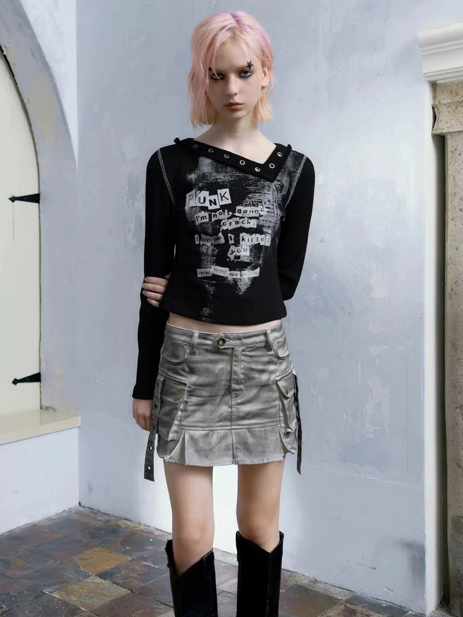Chinese Clothing Cest Nous Update Distressed Washed Utility Pleated Skirt
