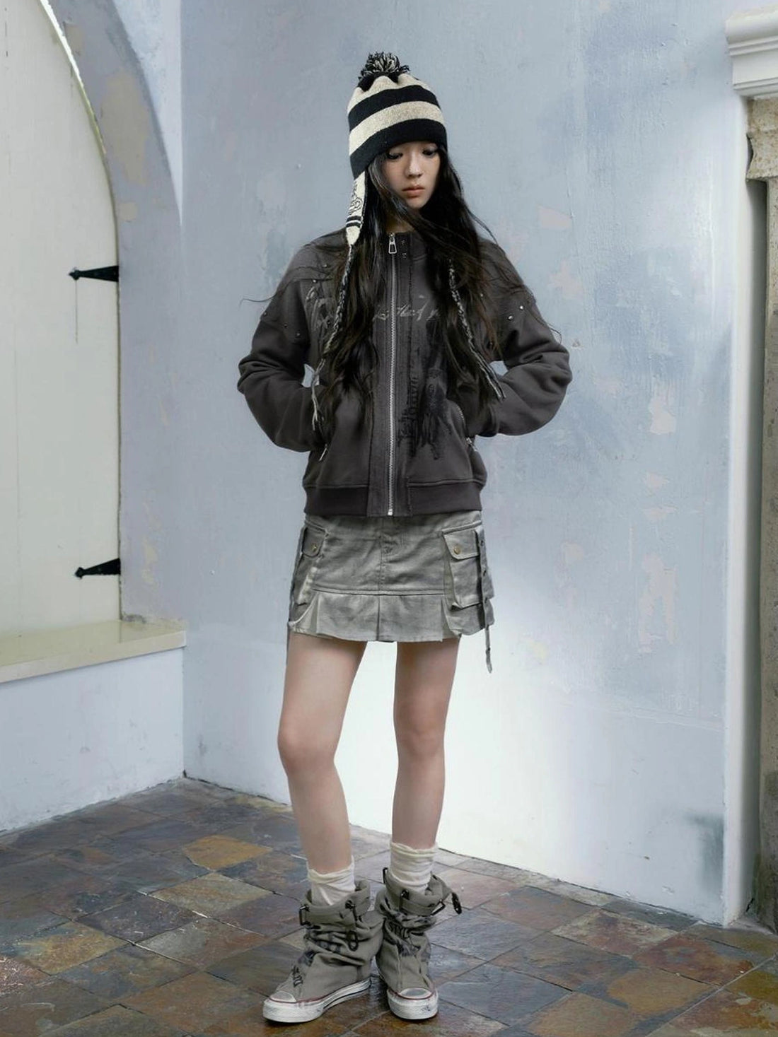Chinese Clothing Cest Nous Update Distressed Washed Utility Pleated Skirt