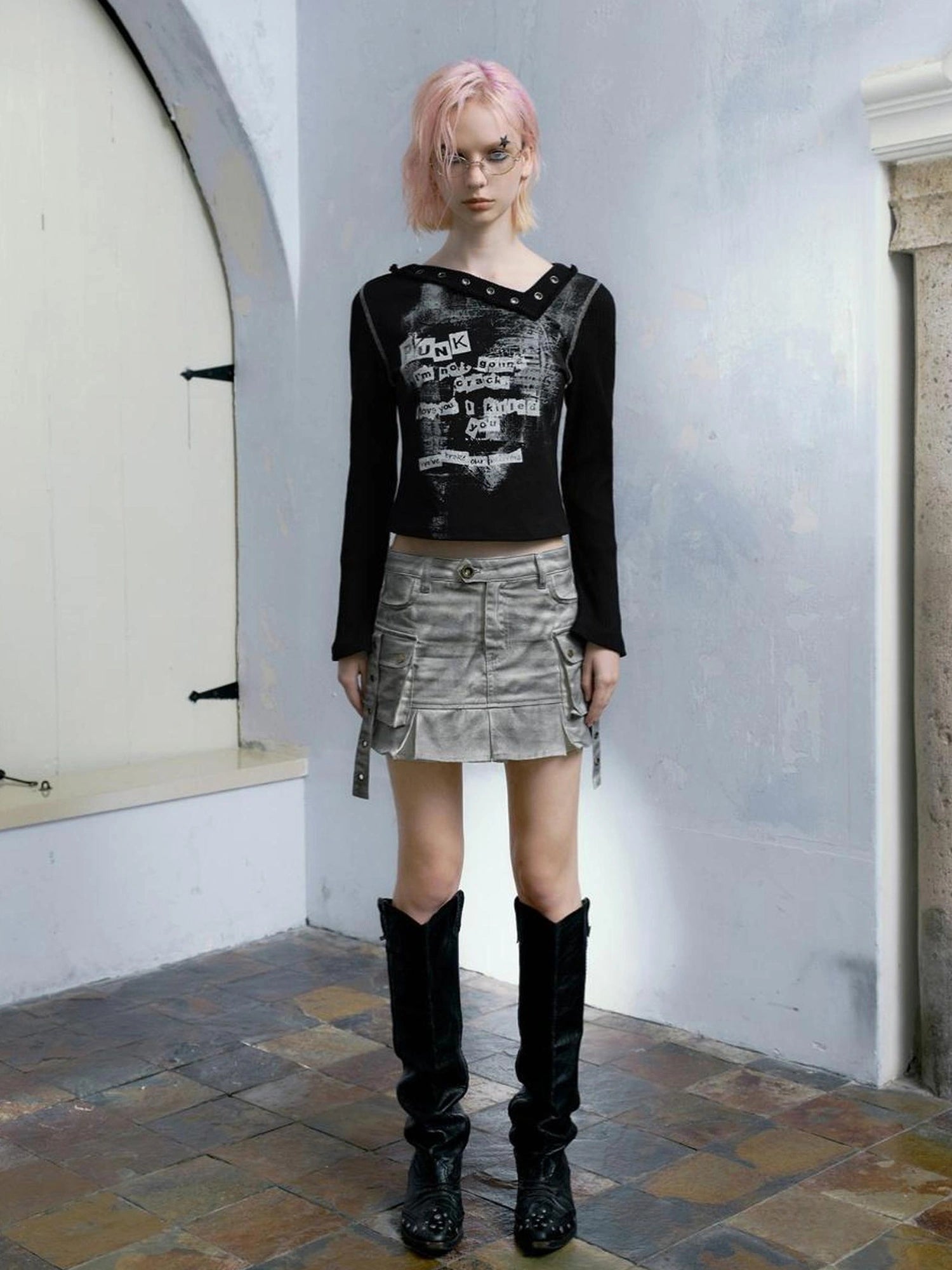 Chinese Clothing Cest Nous Update Distressed Washed Utility Pleated Skirt