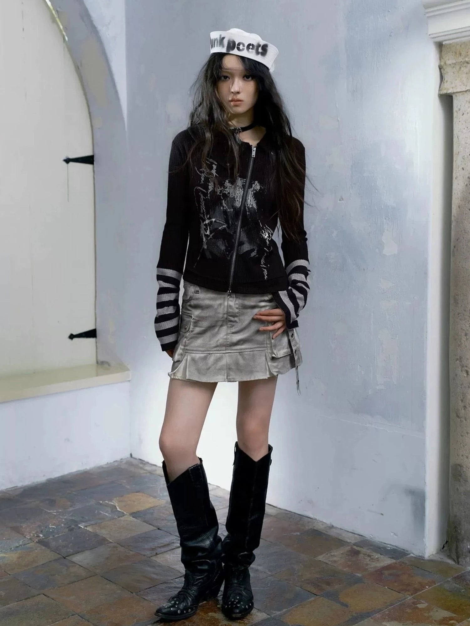 Chinese Clothing Cest Nous Update Distressed Washed Utility Pleated Skirt