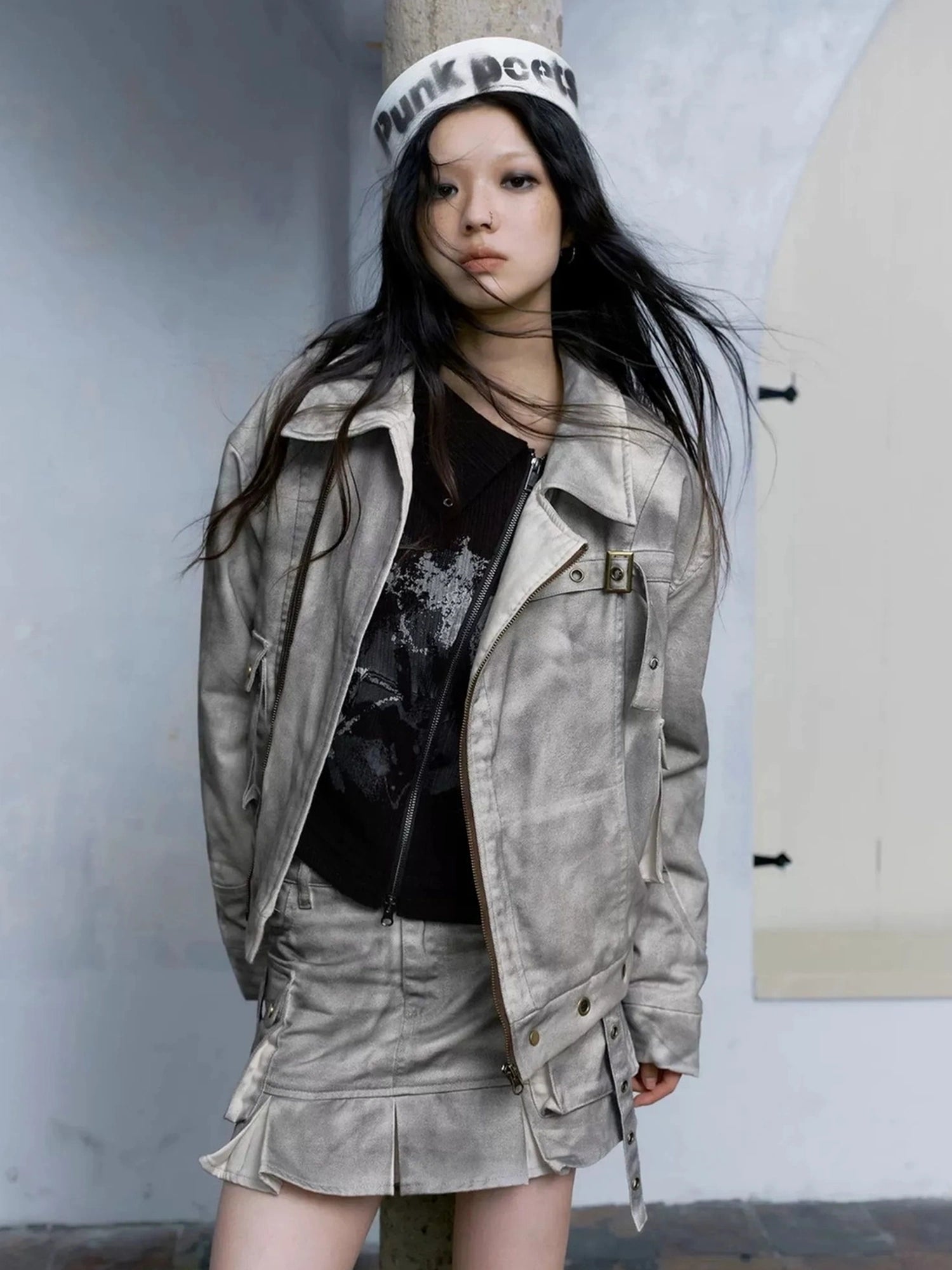 Chinese Clothing Cest Nous Update Distressed Washed Utility Pleated Skirt