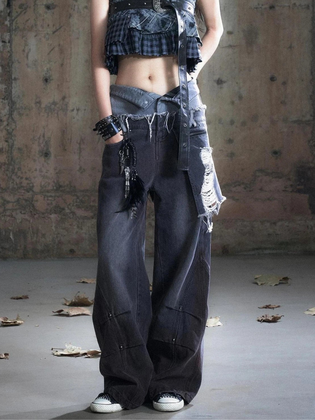 Chinese Clothing Cest Nous Update Double Waist Distressed Grey Flared Jeans