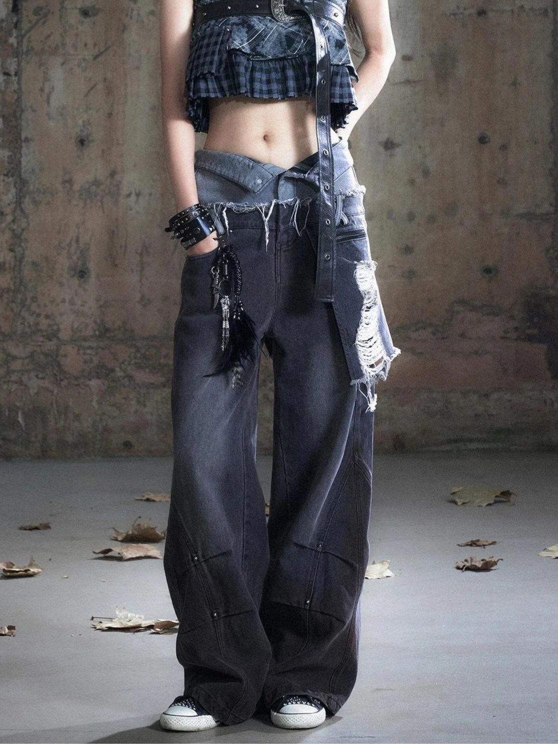 Chinese Clothing Cest Nous Update Double Waist Distressed Grey Flared Jeans