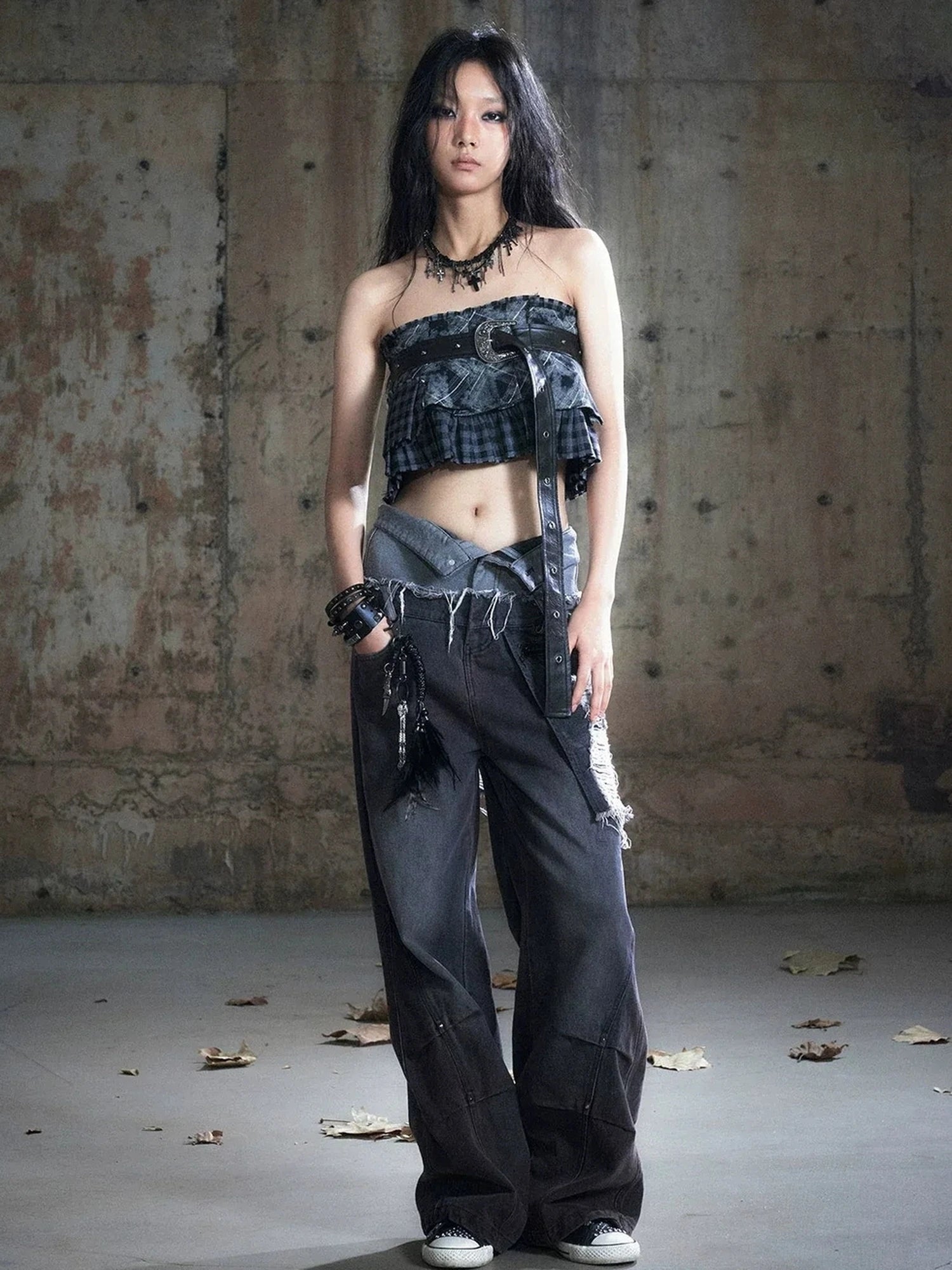Chinese Clothing Cest Nous Update Double Waist Distressed Grey Flared Jeans
