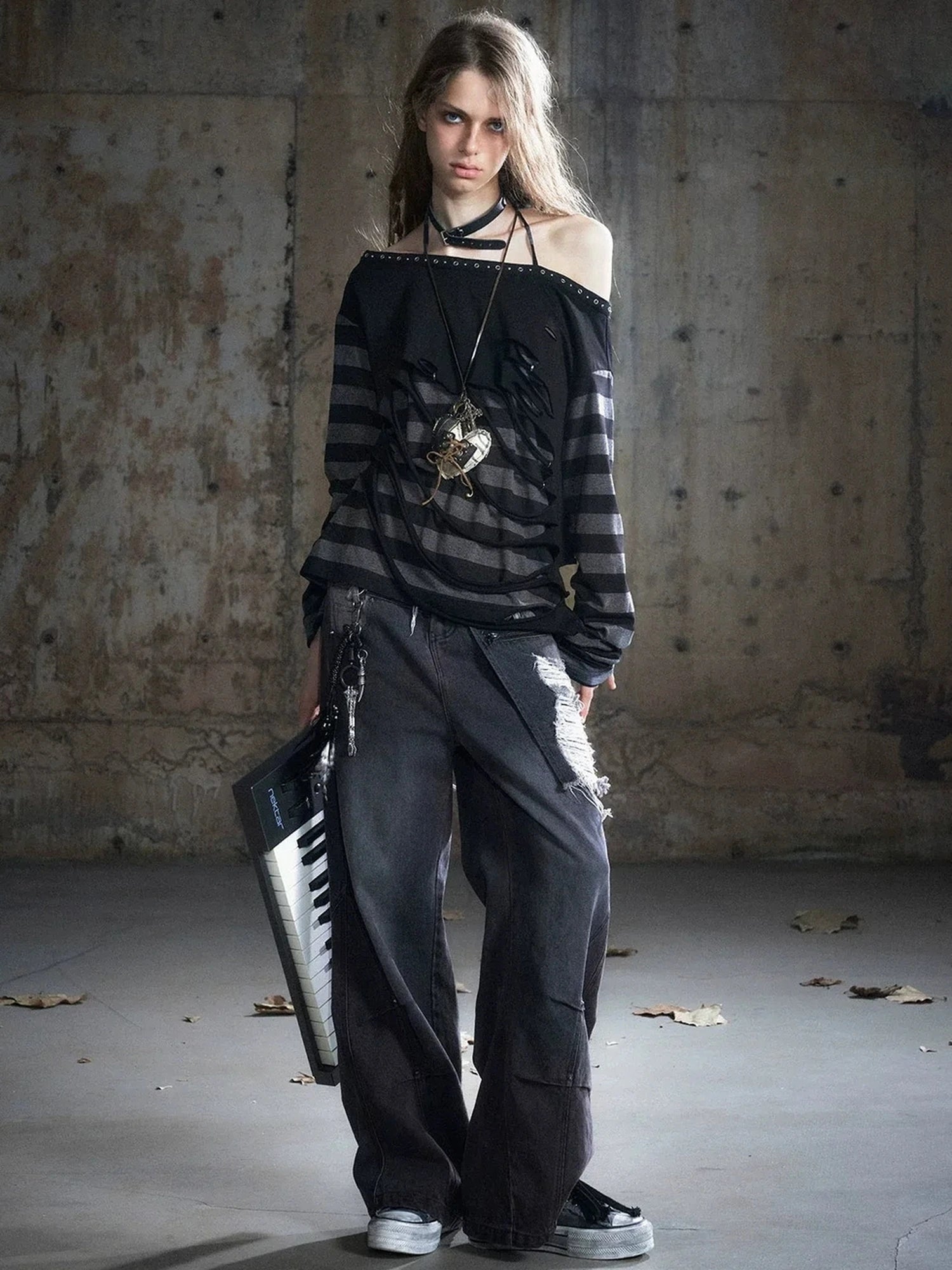Chinese Clothing Cest Nous Update Double Waist Distressed Grey Flared Jeans