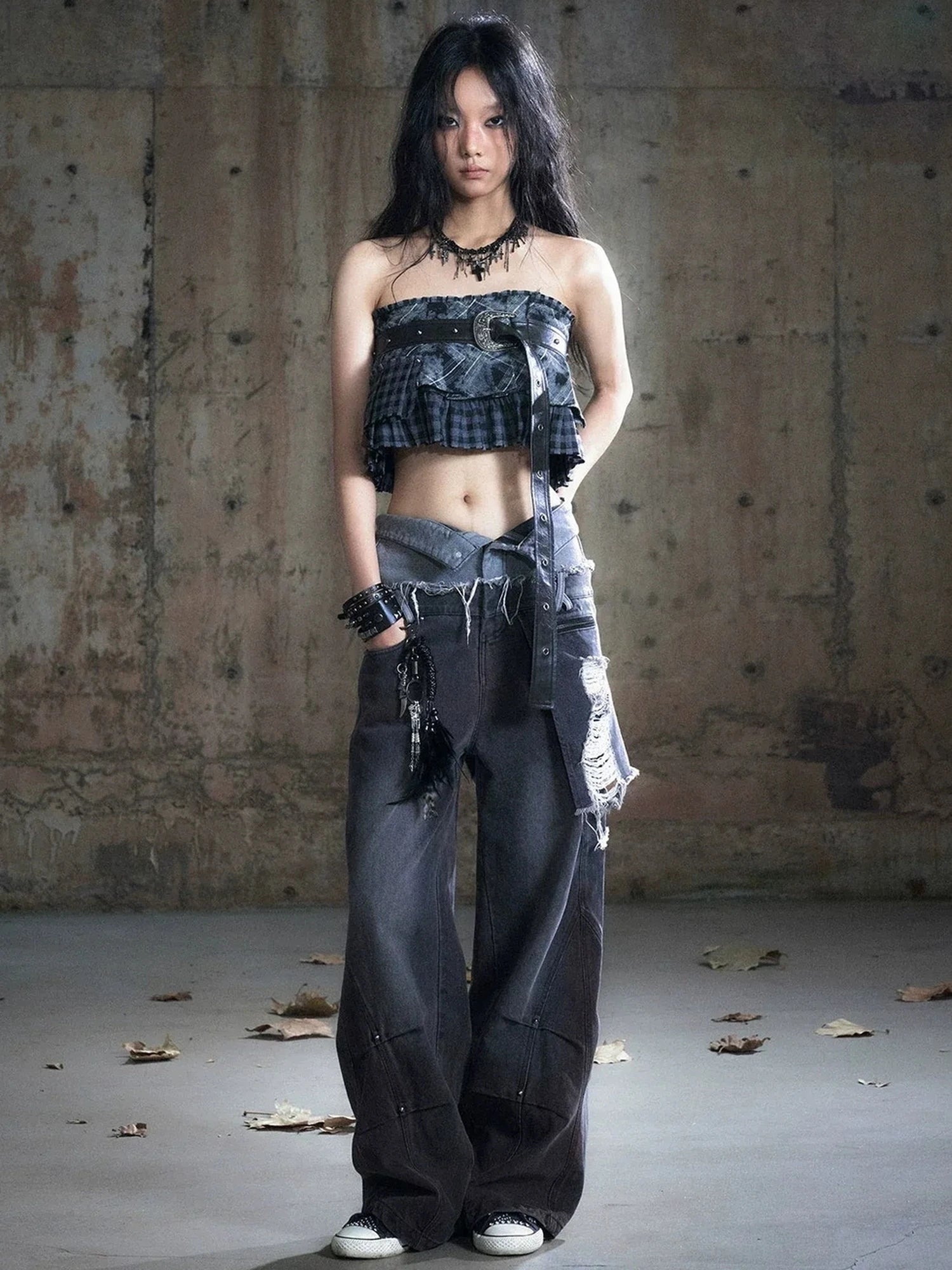 Chinese Clothing Cest Nous Update Double Waist Distressed Grey Flared Jeans