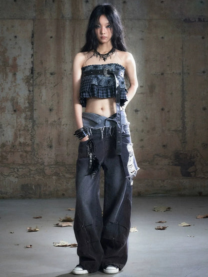 Chinese Clothing Cest Nous Update Double Waist Distressed Grey Flared Jeans