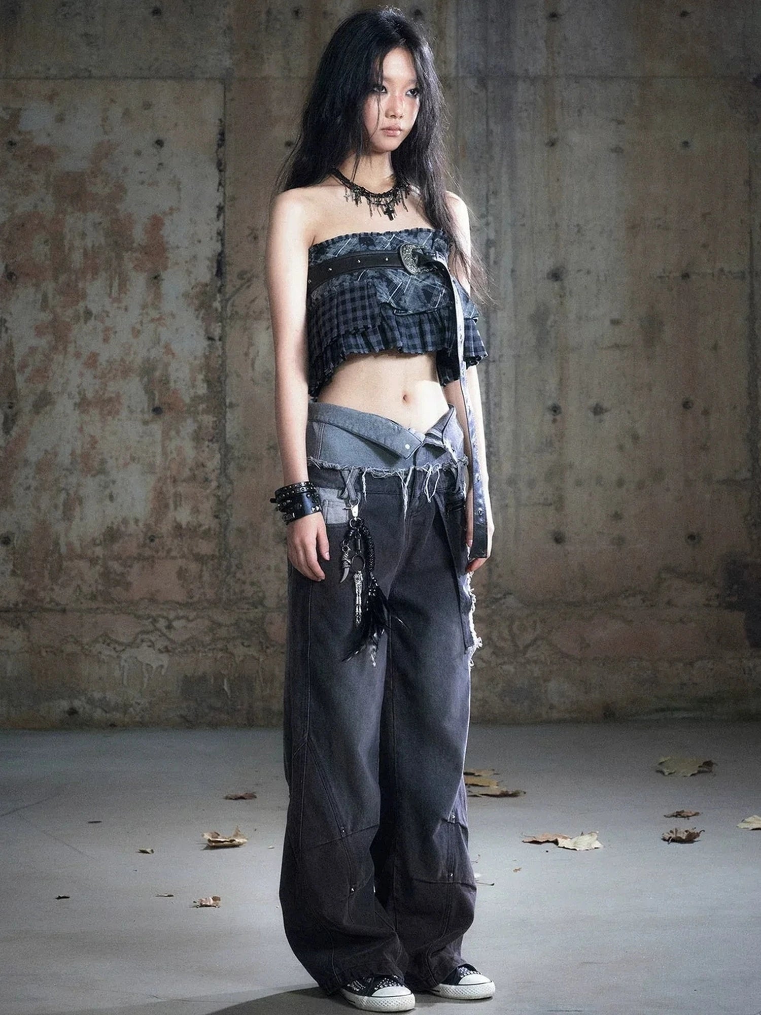 Chinese Clothing Cest Nous Update Double Waist Distressed Grey Flared Jeans