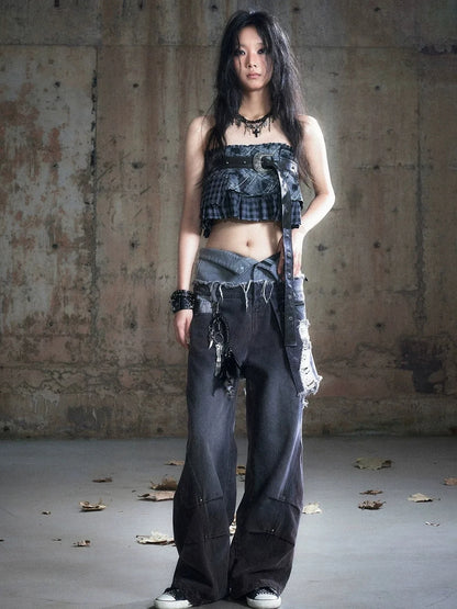 Chinese Clothing Cest Nous Update Double Waist Distressed Grey Flared Jeans