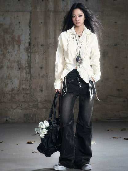 Chinese Clothing Cest Nous Update Double Waist Mud Dyed Low Rise Flared Jeans