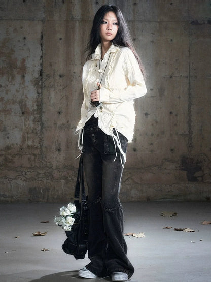 Chinese Clothing Cest Nous Update Double Waist Mud Dyed Low Rise Flared Jeans