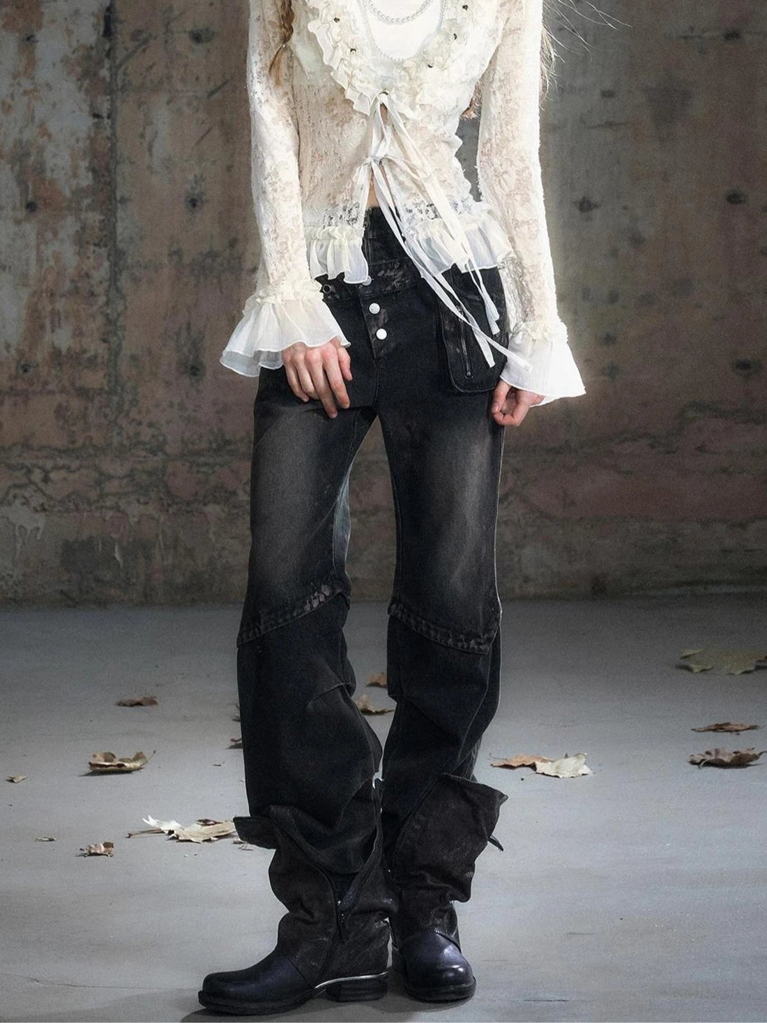 Chinese Clothing Cest Nous Update Double Waist Mud Dyed Low Rise Flared Jeans