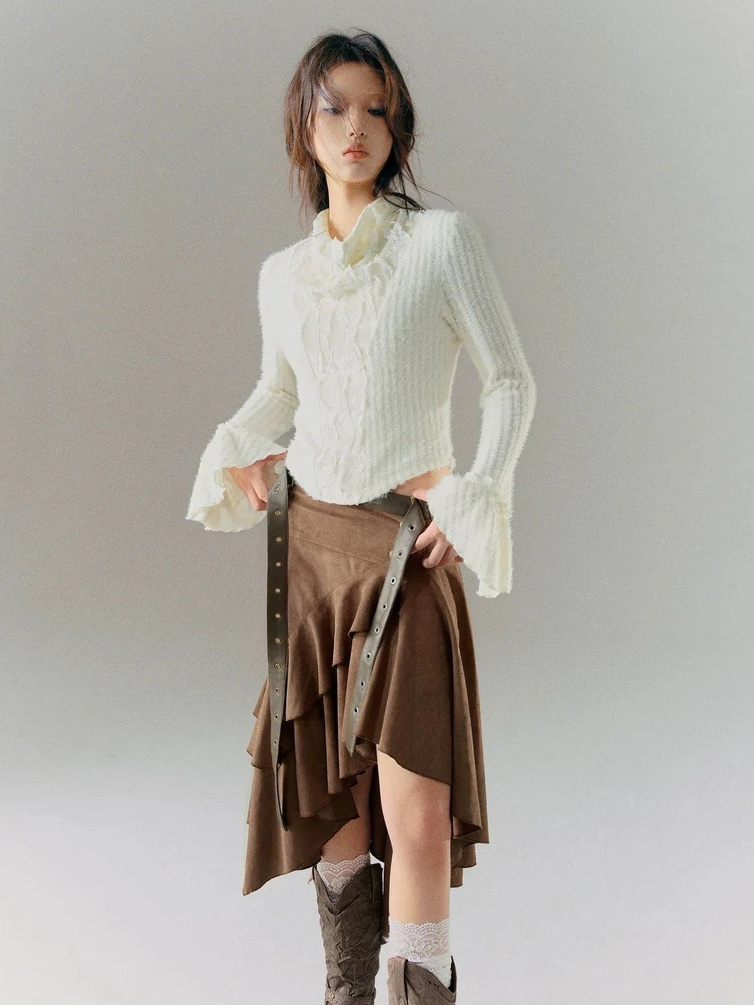 Chinese Clothing Cest Nous Update Embroidered Velour Lace Bell Sleeve Top