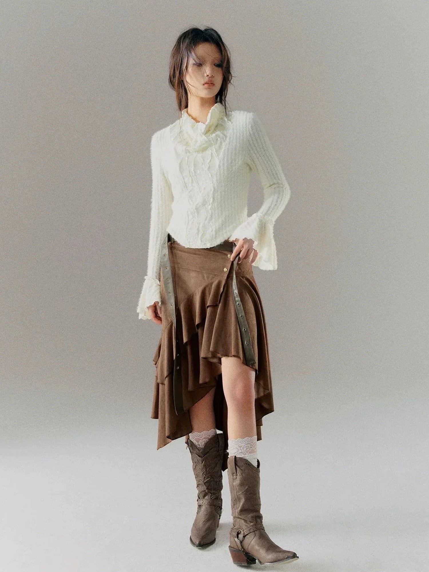 Chinese Clothing Cest Nous Update Embroidered Velour Lace Bell Sleeve Top