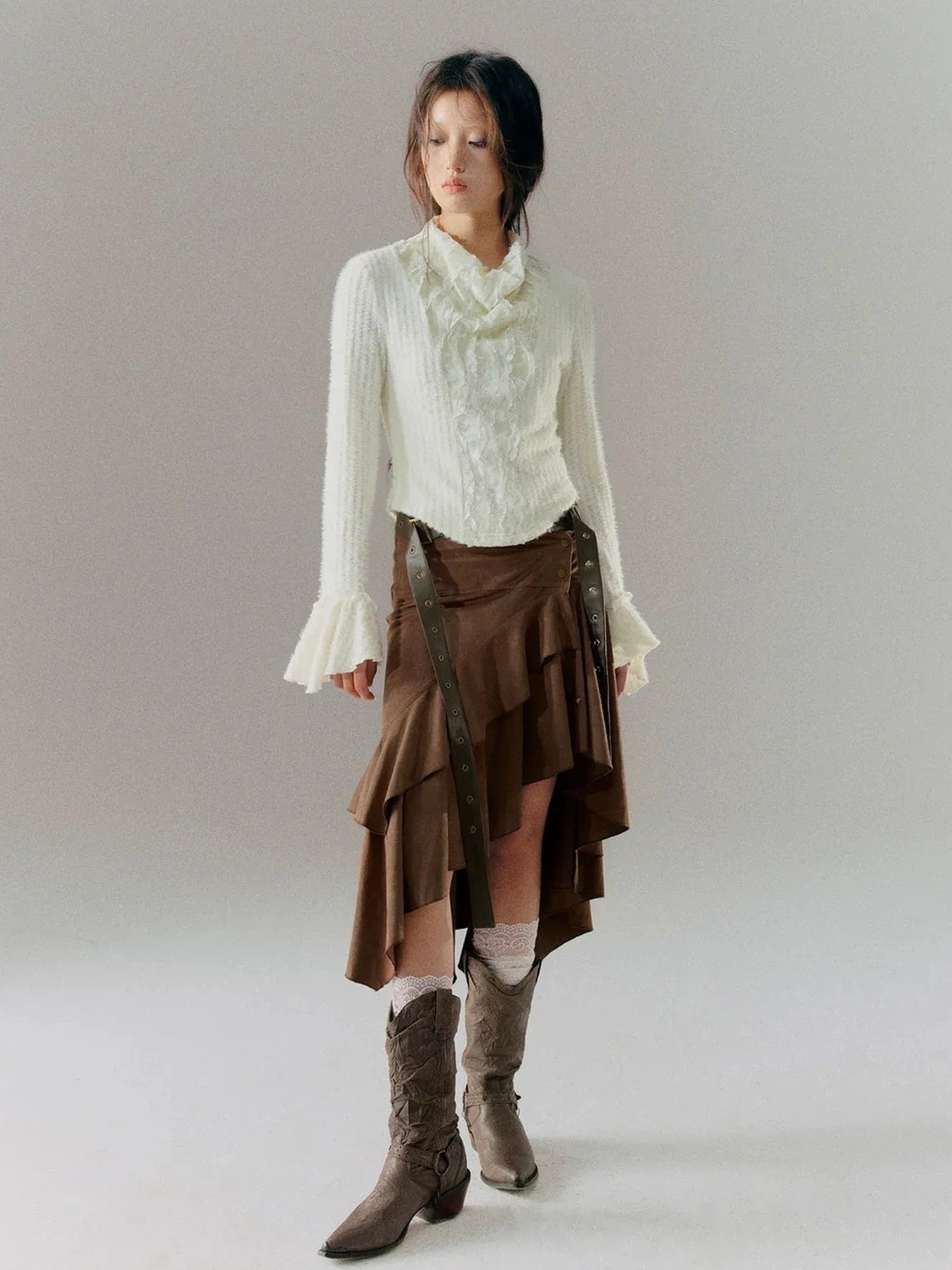 Chinese Clothing Cest Nous Update Embroidered Velour Lace Bell Sleeve Top