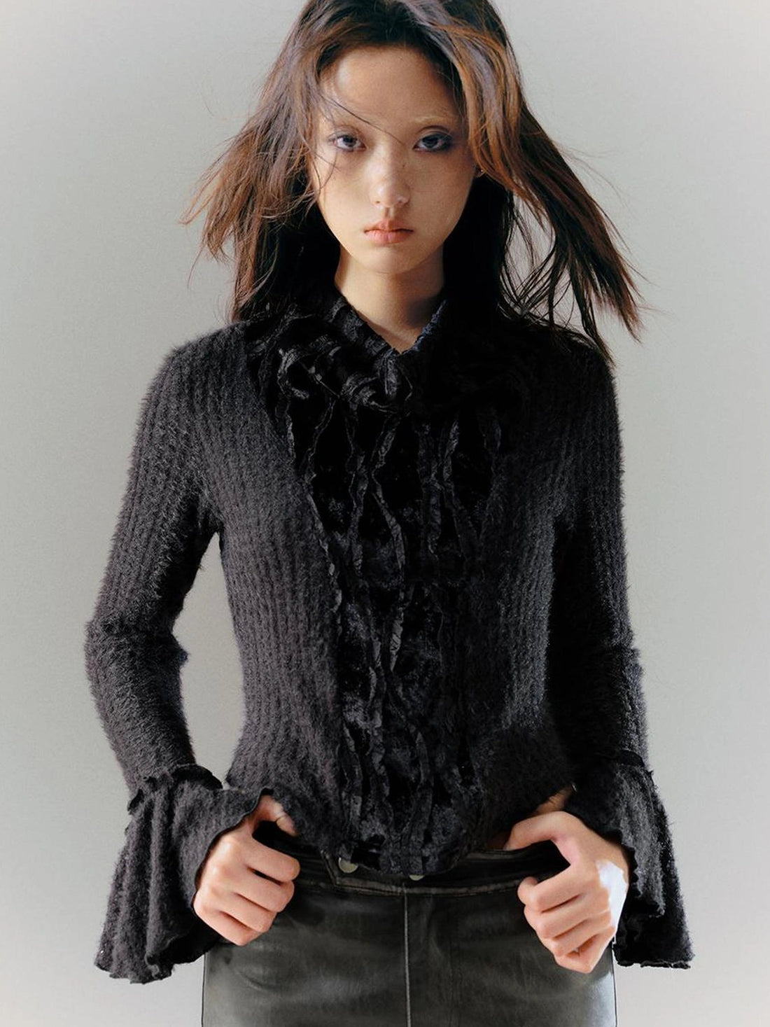 Chinese Clothing Cest Nous Update Embroidered Velour Lace Bell Sleeve Top