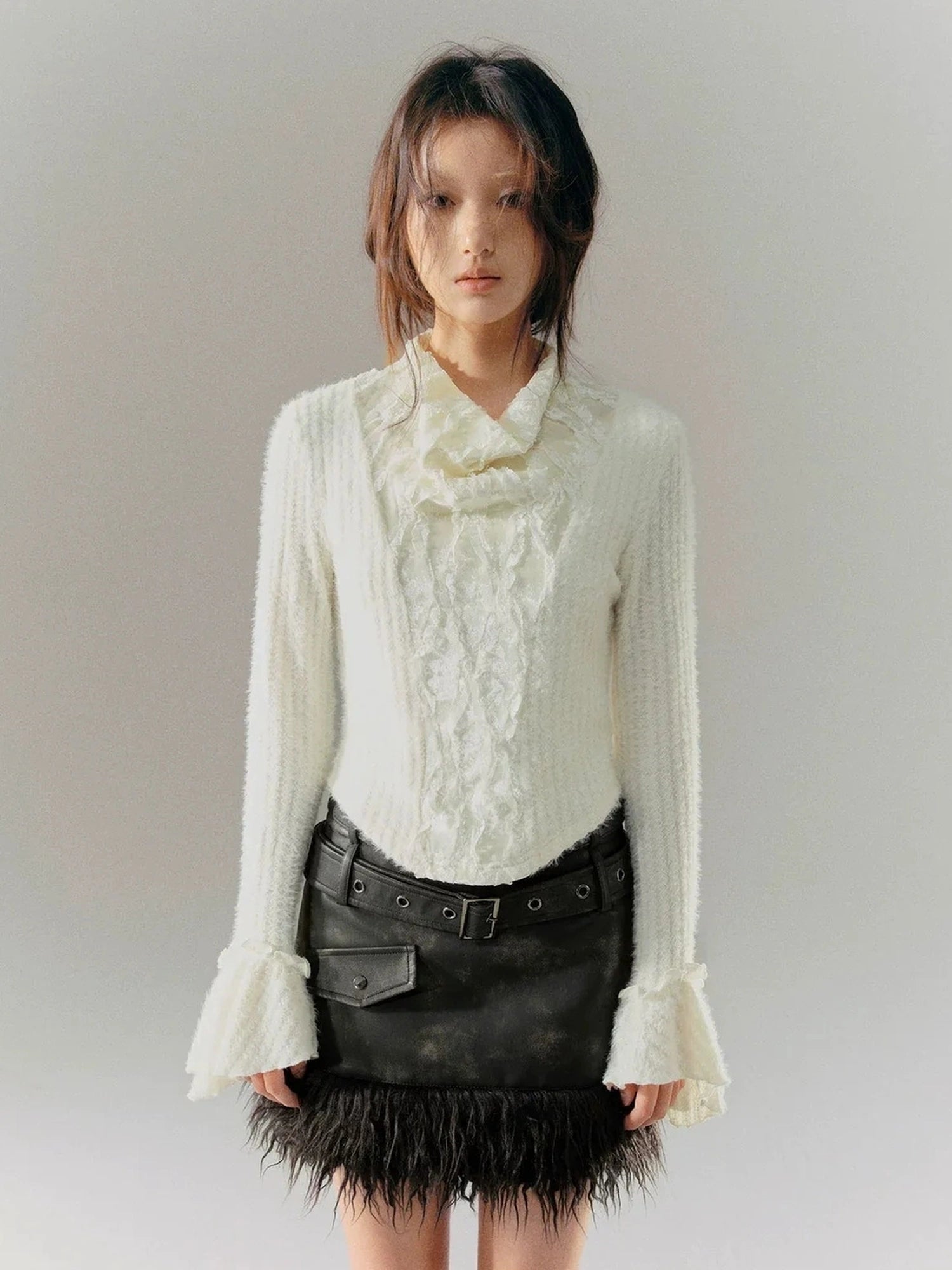 Chinese Clothing Cest Nous Update Embroidered Velour Lace Bell Sleeve Top