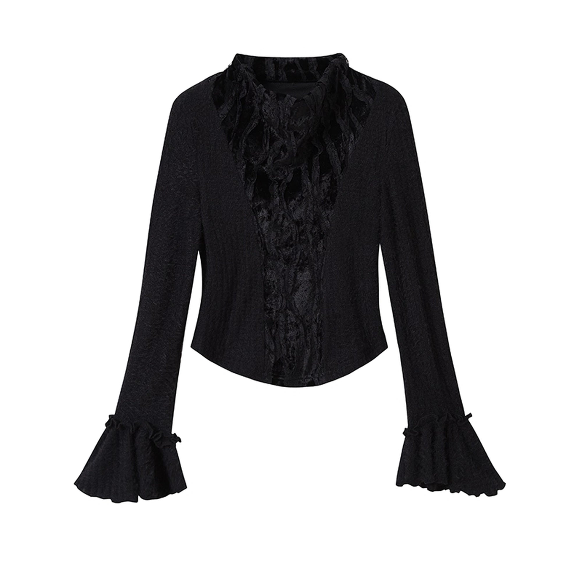Chinese Clothing Cest Nous Update Embroidered Velour Lace Bell Sleeve Top MISSTT