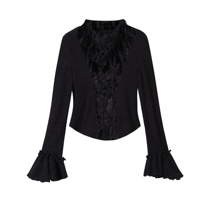 Chinese Clothing Cest Nous Update Embroidered Velour Lace Bell Sleeve Top MISSTT