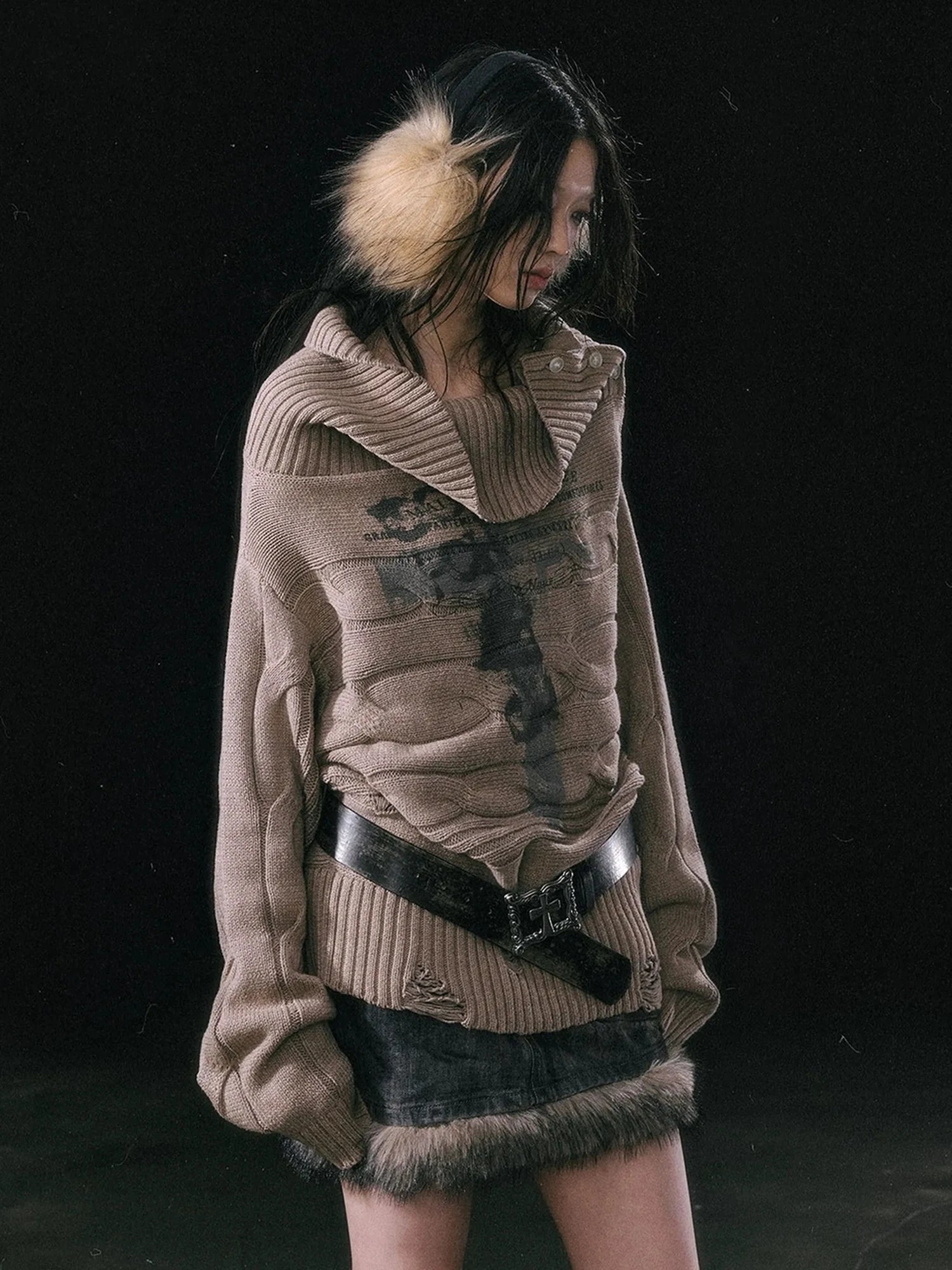 Chinese Clothing Cest Nous Update Escape In Misty Rain Distressed Cable Knit Sweater