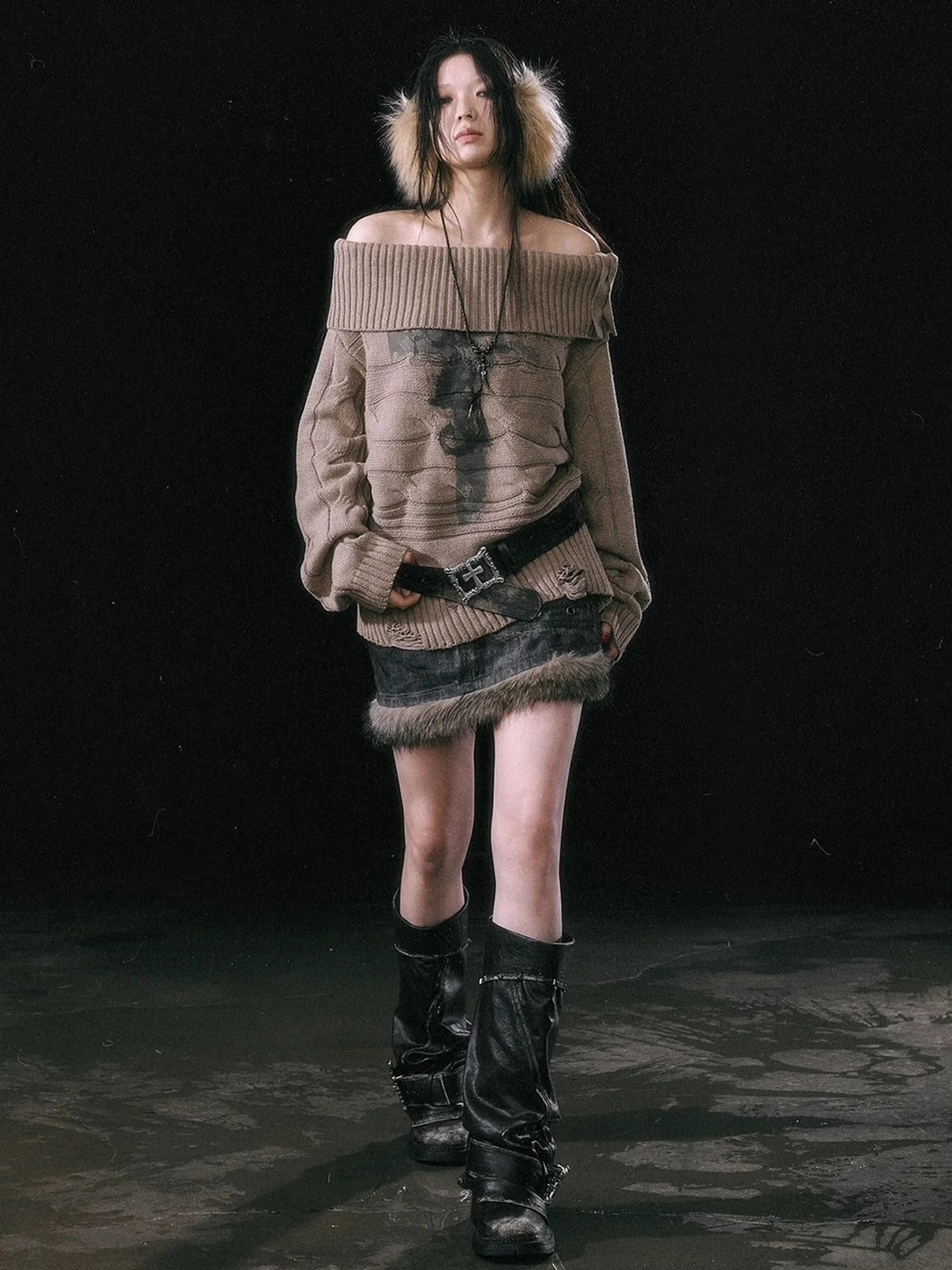 Chinese Clothing Cest Nous Update Escape In Misty Rain Distressed Cable Knit Sweater