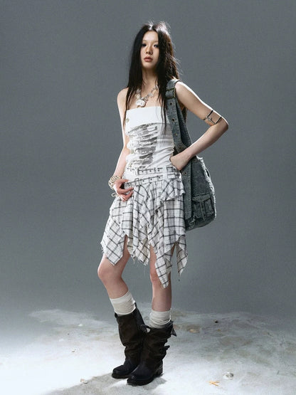 Chinese Clothing Cest Nous Update Graffiti Plaid Asymmetric Slip Dress