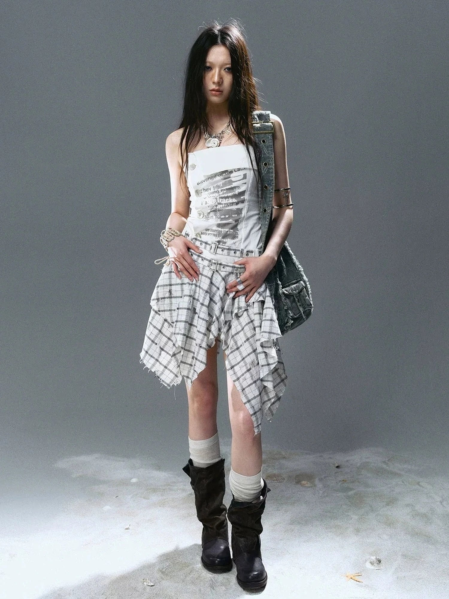 Chinese Clothing Cest Nous Update Graffiti Plaid Asymmetric Slip Dress
