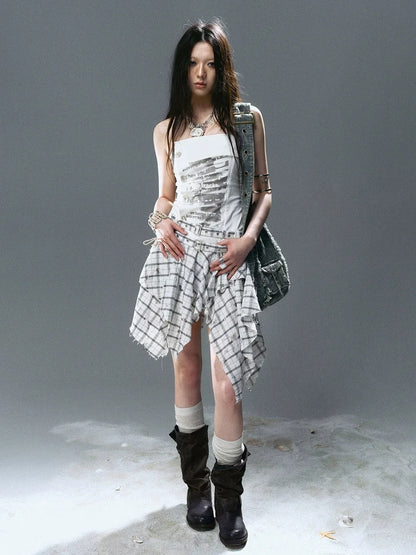 Chinese Clothing Cest Nous Update Graffiti Plaid Asymmetric Slip Dress