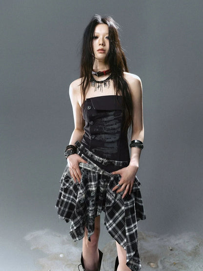 Chinese Clothing Cest Nous Update Graffiti Plaid Asymmetric Slip Dress