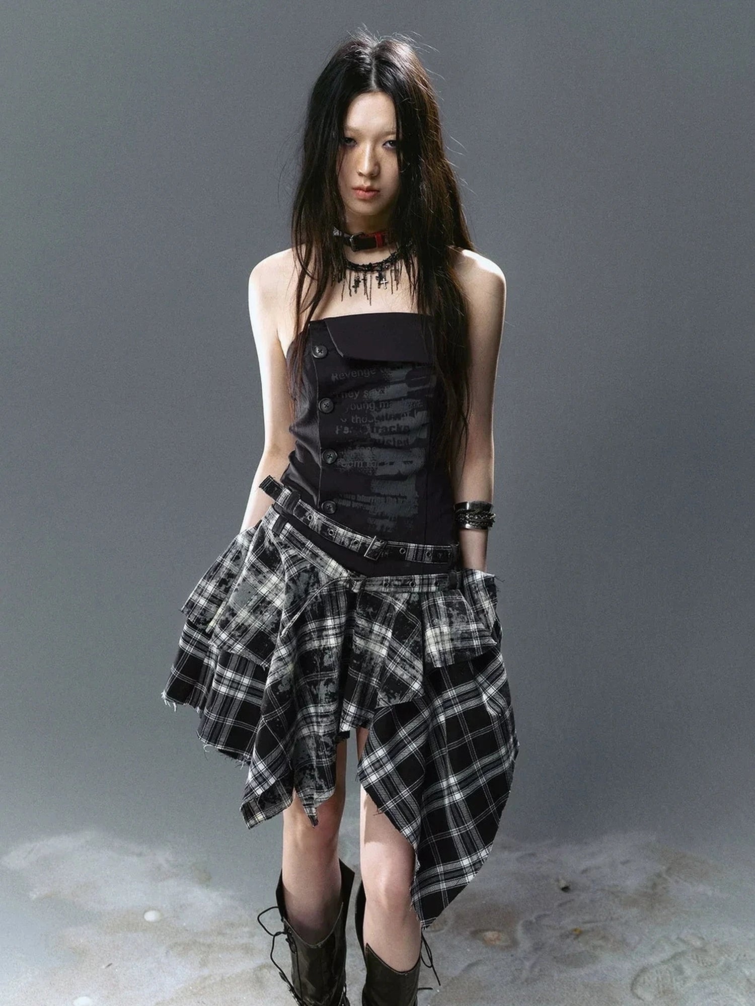 Chinese Clothing Cest Nous Update Graffiti Plaid Asymmetric Slip Dress