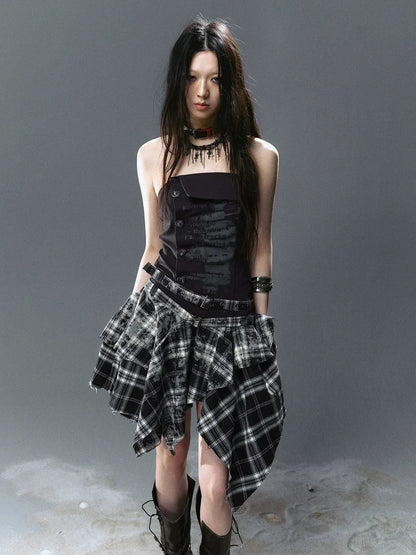 Chinese Clothing Cest Nous Update Graffiti Plaid Asymmetric Slip Dress