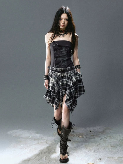 Chinese Clothing Cest Nous Update Graffiti Plaid Asymmetric Slip Dress